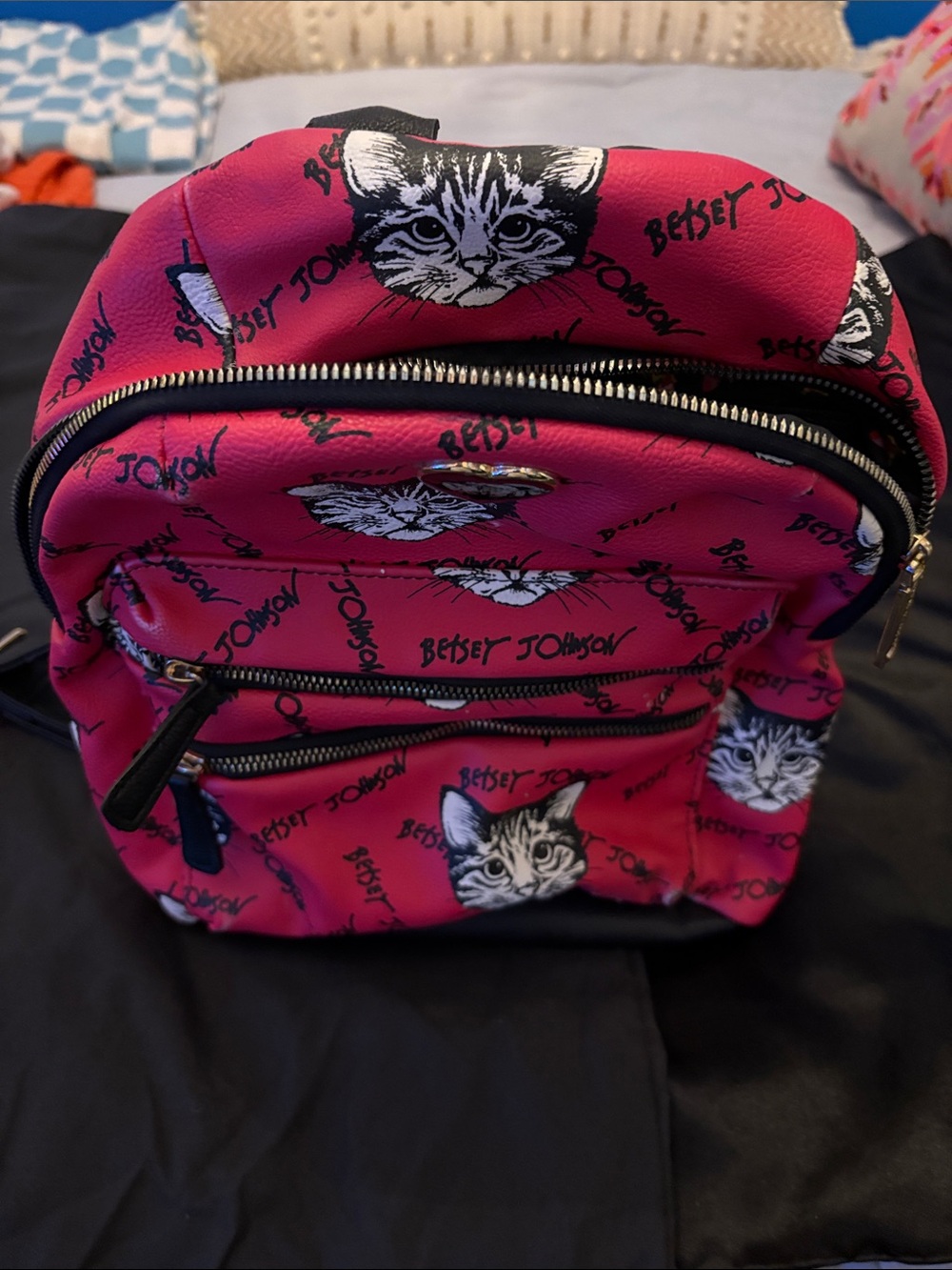 Betsey Johnson Hot Pink Kitty Print Mini Backpack